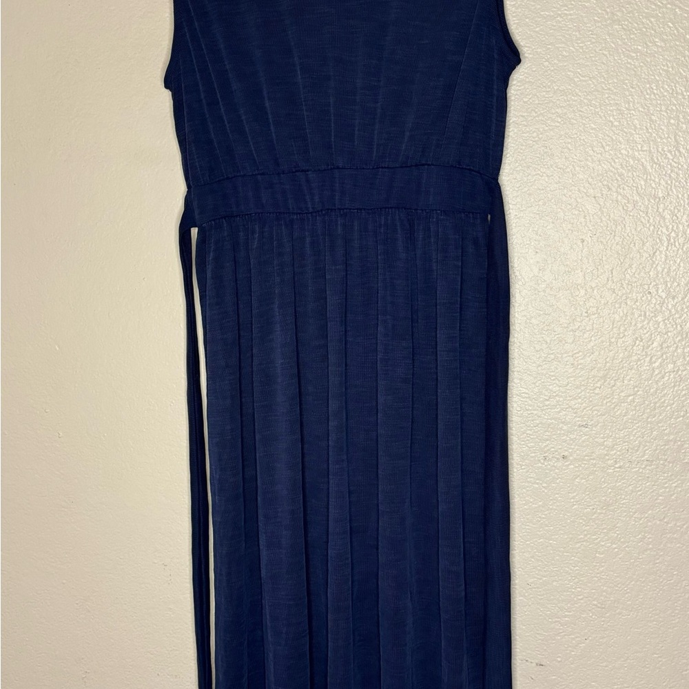Nicole Miller Navy Sleeveless Pleated Midi Dress with Waist Tie - Size L - Picture 6 of 7